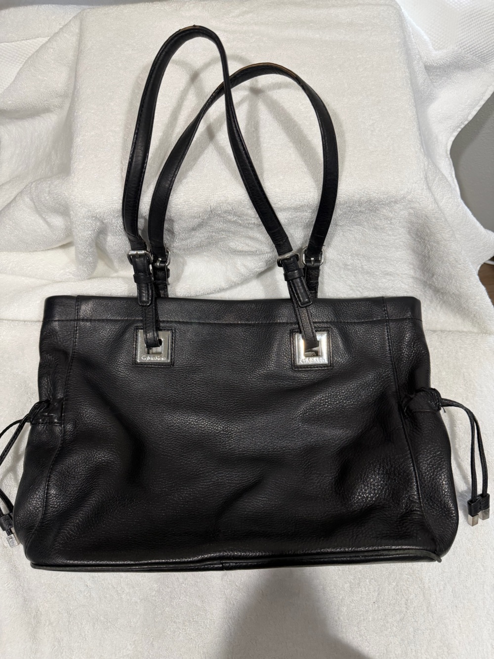 Calvin Klein Black Leather Shoulder Bag with Silver Accents